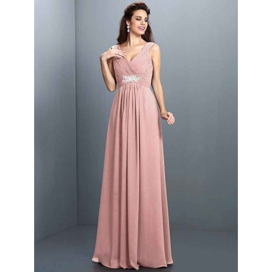 V-Neck Elegant Beading Pleats Sleeveless Long Chiffon Bridesmaid Dresses