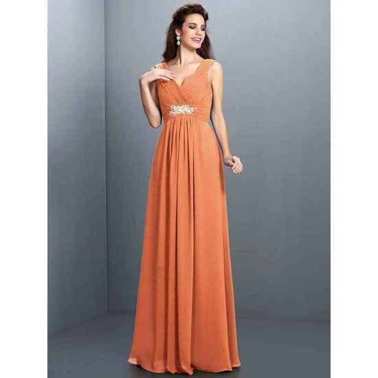 V-Neck Elegant Beading Pleats Sleeveless Long Chiffon Bridesmaid Dresses