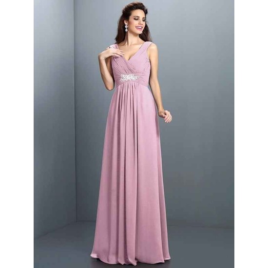 V-Neck Elegant Beading Pleats Sleeveless Long Chiffon Bridesmaid Dresses