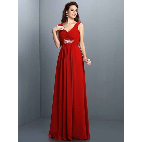 V-Neck Elegant Beading Pleats Sleeveless Long Chiffon Bridesmaid Dresses