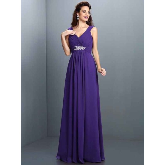 V-Neck Elegant Beading Pleats Sleeveless Long Chiffon Bridesmaid Dresses