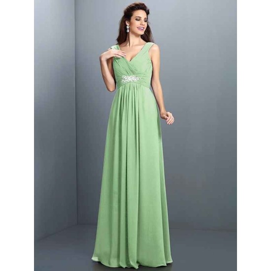 V-Neck Elegant Beading Pleats Sleeveless Long Chiffon Bridesmaid Dresses