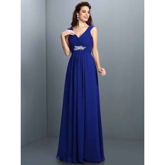 V-Neck Elegant Beading Pleats Sleeveless Long Chiffon Bridesmaid Dresses