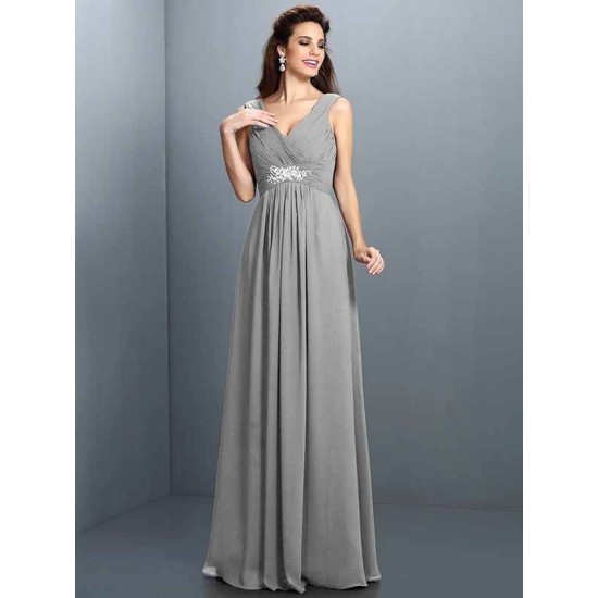 V-Neck Elegant Beading Pleats Sleeveless Long Chiffon Bridesmaid Dresses