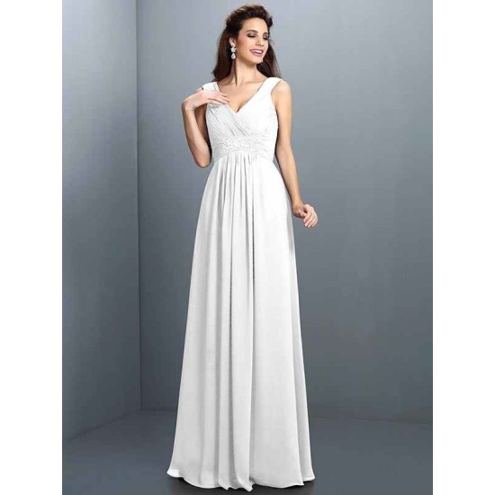 V-Neck Elegant Beading Pleats Sleeveless Long Chiffon Bridesmaid Dresses