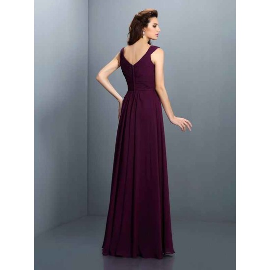 V-Neck Elegant Beading Pleats Sleeveless Long Chiffon Bridesmaid Dresses