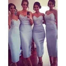 Charming Spaghetti Straps Sleeveless Satin Knee-Length Bridesmaid Dresses