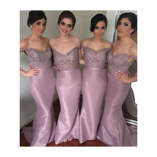 Mermaid Gorgeous Off-the-Shoulder Sleeveless Beading Satin Bridesmaid Dresses