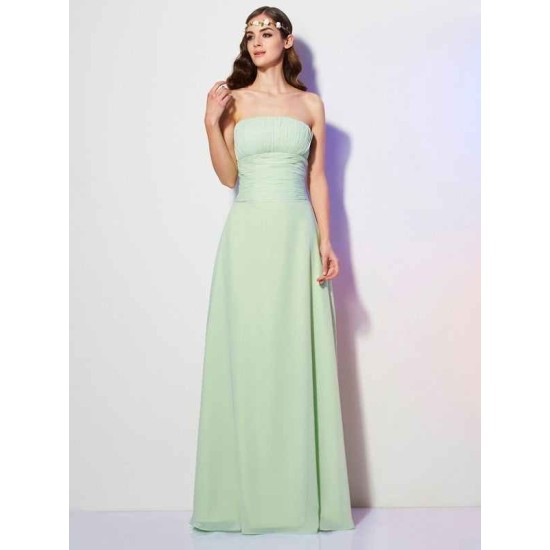 Charming Strapless Sleeveless Pleats Long Chiffon Bridesmaid Dresses