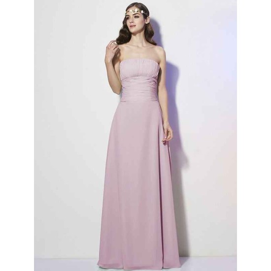 Charming Strapless Sleeveless Pleats Long Chiffon Bridesmaid Dresses