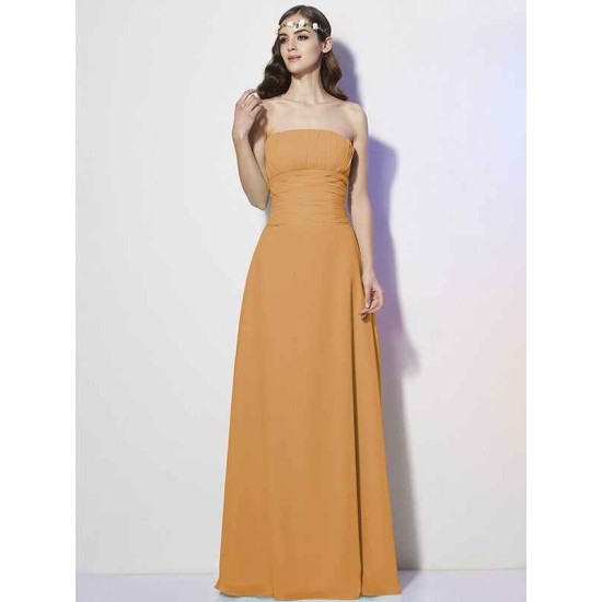 Charming Strapless Sleeveless Pleats Long Chiffon Bridesmaid Dresses