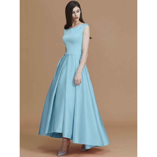 Modern Bateau Sleeveless Asymmetrical Ruffles Satin Bridesmaid Dresses