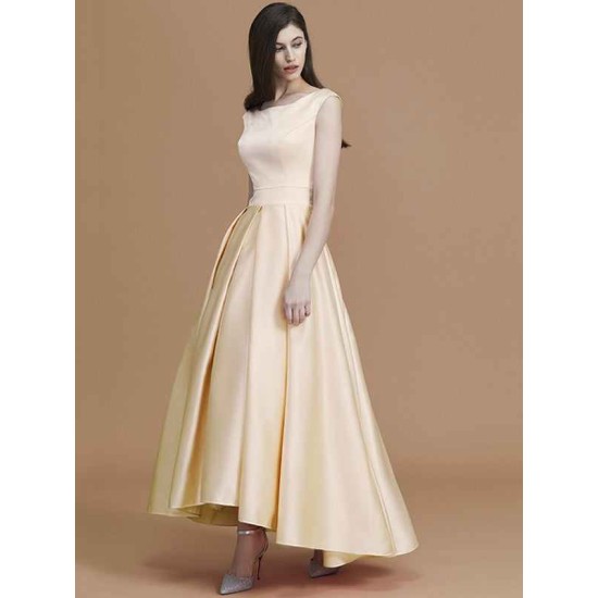 Modern Bateau Sleeveless Asymmetrical Ruffles Satin Bridesmaid Dresses
