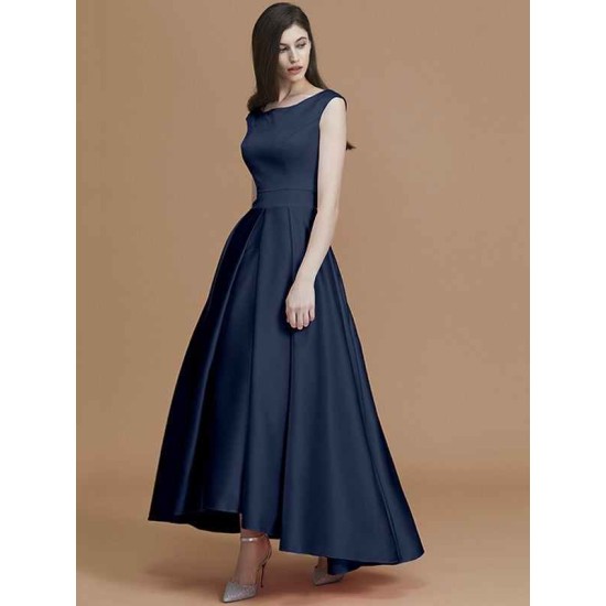 Modern Bateau Sleeveless Asymmetrical Ruffles Satin Bridesmaid Dresses