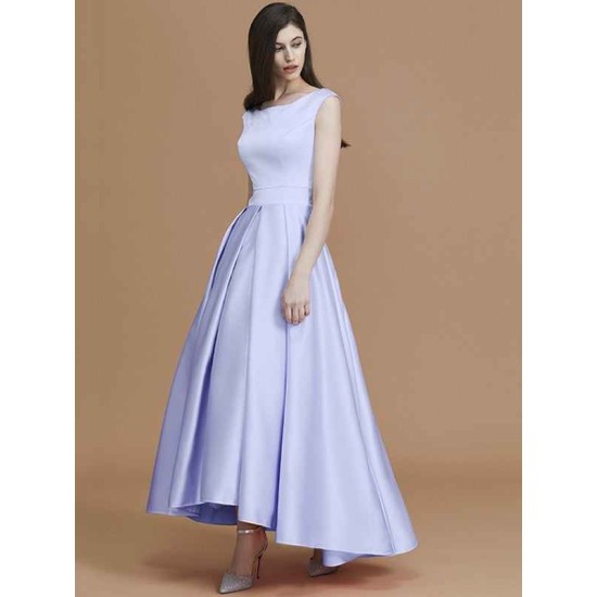 Modern Bateau Sleeveless Asymmetrical Ruffles Satin Bridesmaid Dresses