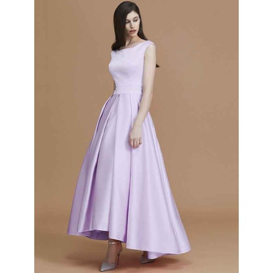 Modern Bateau Sleeveless Asymmetrical Ruffles Satin Bridesmaid Dresses