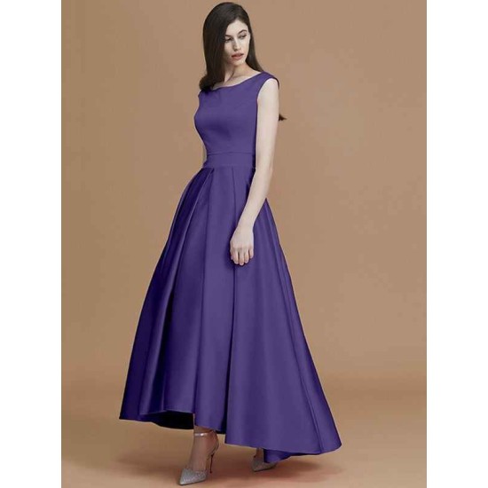 Modern Bateau Sleeveless Asymmetrical Ruffles Satin Bridesmaid Dresses