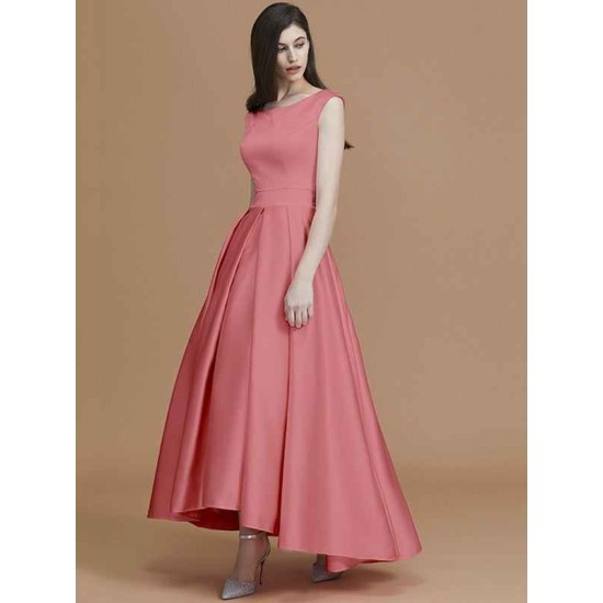 Modern Bateau Sleeveless Asymmetrical Ruffles Satin Bridesmaid Dresses