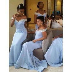 Charming Satin Off-the-Shoulder Beading Sleeveless Bridesmaid Dresses