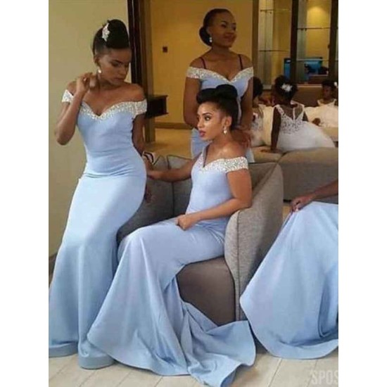 Charming Satin Off-the-Shoulder Beading Sleeveless Bridesmaid Dresses