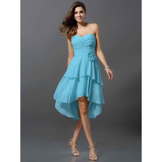 Gorgeous Sweetheart Hand-Made Flower Sleeveless High Low Chiffon Bridesmaid Dresses