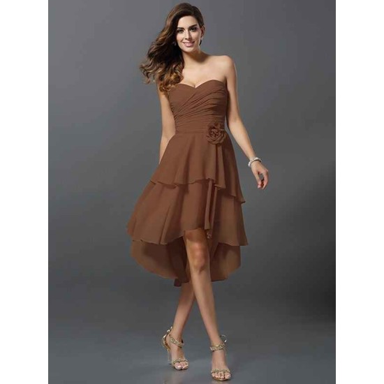 Gorgeous Sweetheart Hand-Made Flower Sleeveless High Low Chiffon Bridesmaid Dresses