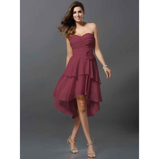 Gorgeous Sweetheart Hand-Made Flower Sleeveless High Low Chiffon Bridesmaid Dresses