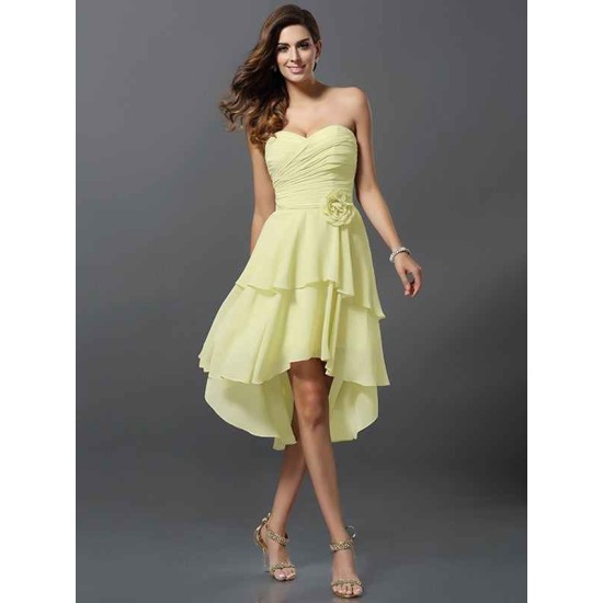 Gorgeous Sweetheart Hand-Made Flower Sleeveless High Low Chiffon Bridesmaid Dresses