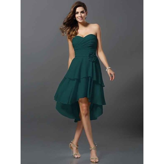 Gorgeous Sweetheart Hand-Made Flower Sleeveless High Low Chiffon Bridesmaid Dresses