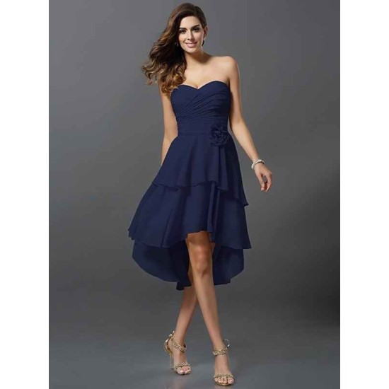 Gorgeous Sweetheart Hand-Made Flower Sleeveless High Low Chiffon Bridesmaid Dresses