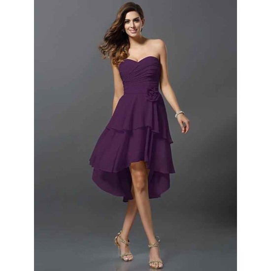 Gorgeous Sweetheart Hand-Made Flower Sleeveless High Low Chiffon Bridesmaid Dresses