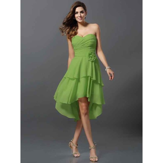 Gorgeous Sweetheart Hand-Made Flower Sleeveless High Low Chiffon Bridesmaid Dresses