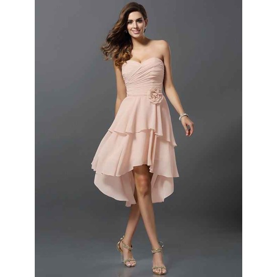 Gorgeous Sweetheart Hand-Made Flower Sleeveless High Low Chiffon Bridesmaid Dresses