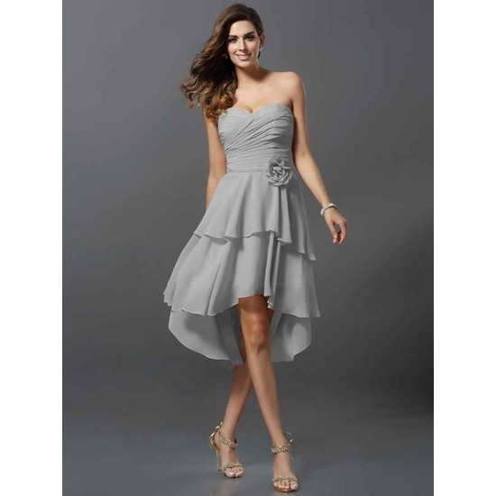 Gorgeous Sweetheart Hand-Made Flower Sleeveless High Low Chiffon Bridesmaid Dresses