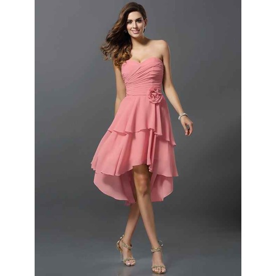 Gorgeous Sweetheart Hand-Made Flower Sleeveless High Low Chiffon Bridesmaid Dresses