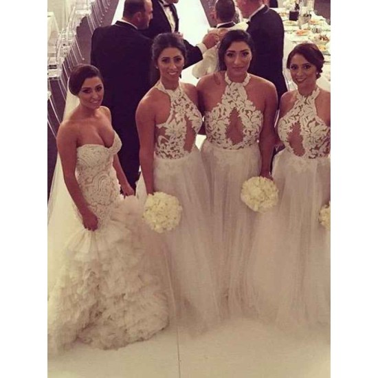 Charming Halter Sleeveless Applique Tulle Bridesmaid Dresses