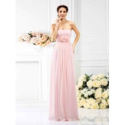 Charming Strapless Hand-Made Flower Sleeveless Long Chiffon Bridesmaid Dresses