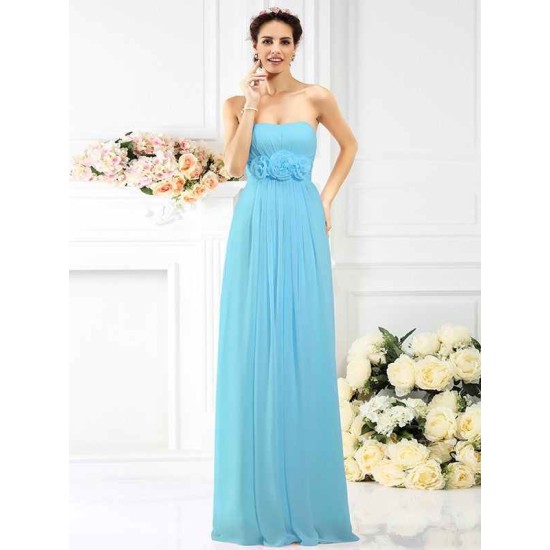 Charming Strapless Hand-Made Flower Sleeveless Long Chiffon Bridesmaid Dresses