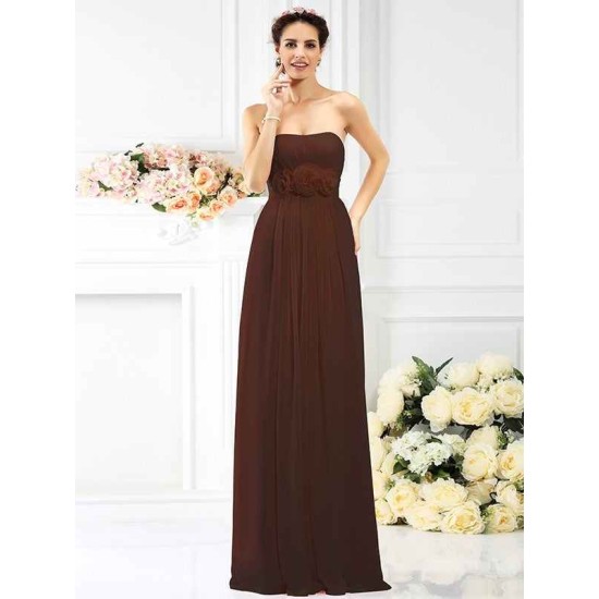 Charming Strapless Hand-Made Flower Sleeveless Long Chiffon Bridesmaid Dresses