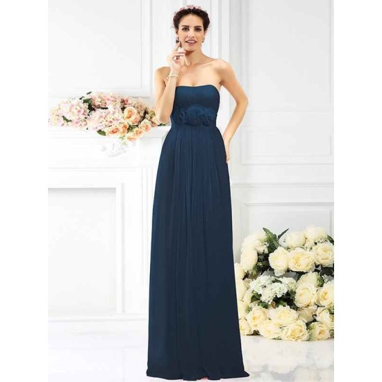 Charming Strapless Hand-Made Flower Sleeveless Long Chiffon Bridesmaid Dresses