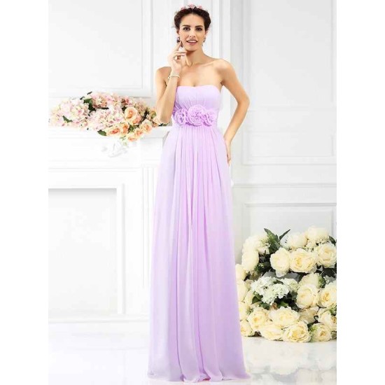 Charming Strapless Hand-Made Flower Sleeveless Long Chiffon Bridesmaid Dresses