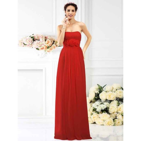 Charming Strapless Hand-Made Flower Sleeveless Long Chiffon Bridesmaid Dresses