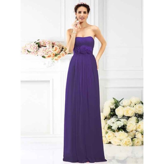 Charming Strapless Hand-Made Flower Sleeveless Long Chiffon Bridesmaid Dresses