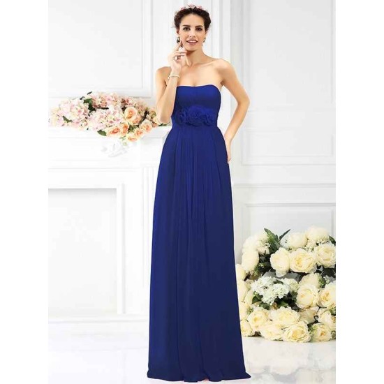 Charming Strapless Hand-Made Flower Sleeveless Long Chiffon Bridesmaid Dresses