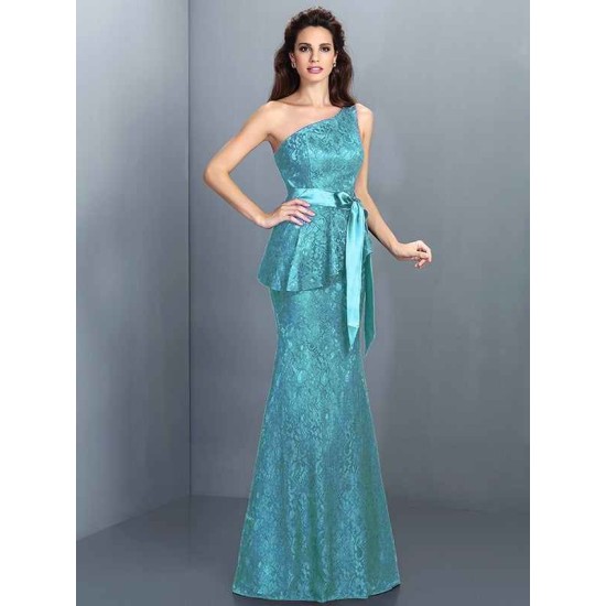 Mermaid Gorgeous One Shoulder Lace Sleeveless Long Lace Bridesmaid Dresses