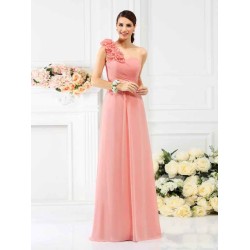 Charming One Shoulder Hand-Made Flower Sleeveless Long Chiffon Bridesmaid Dresses