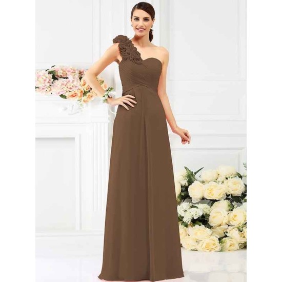 Charming One Shoulder Hand-Made Flower Sleeveless Long Chiffon Bridesmaid Dresses