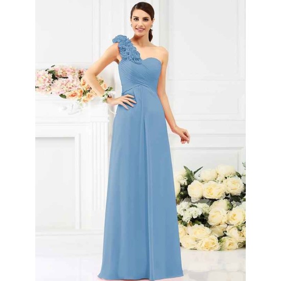 Charming One Shoulder Hand-Made Flower Sleeveless Long Chiffon Bridesmaid Dresses