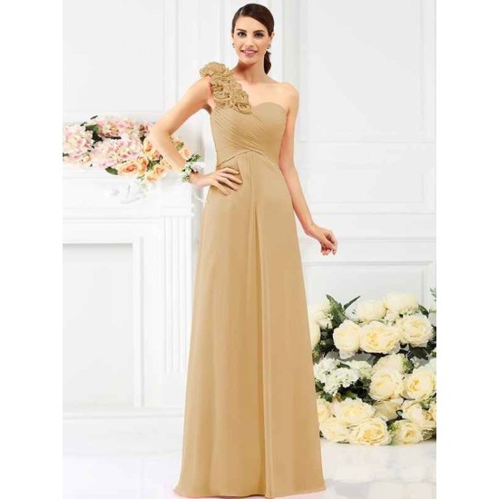 Charming One Shoulder Hand-Made Flower Sleeveless Long Chiffon Bridesmaid Dresses