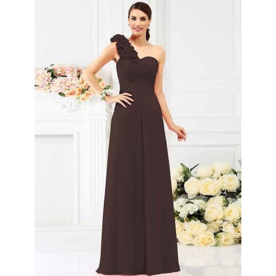 Charming One Shoulder Hand-Made Flower Sleeveless Long Chiffon Bridesmaid Dresses